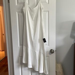 Strictly Romance White Satin Asymmetrical Tiered Midi Dress